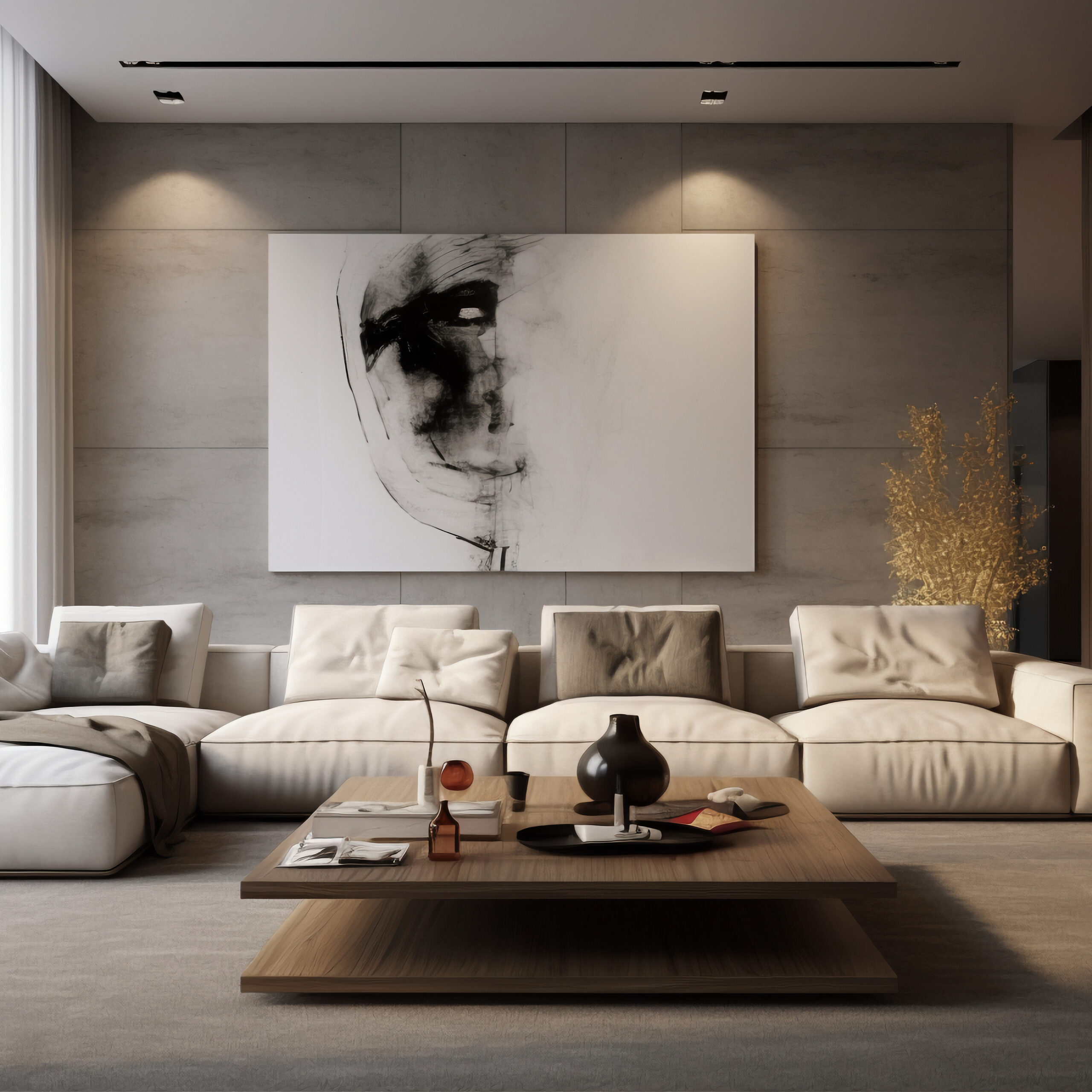 ambient living modern me kolltuqe, taviline mesi dhe nje pikture